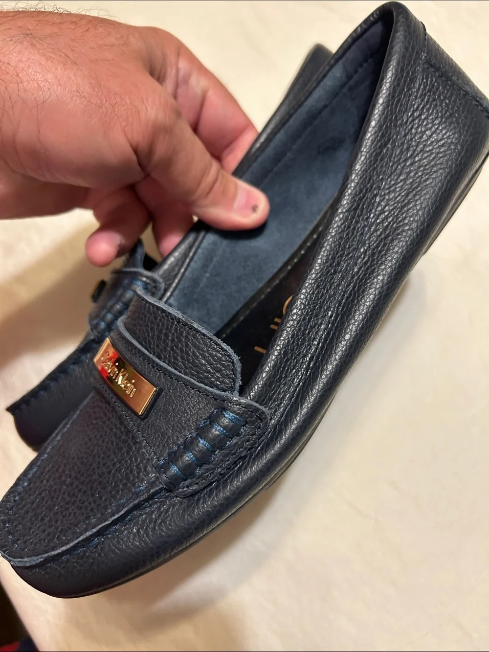 Calvin Klein Women's Navy Leather Moccasin Loafers with Gold Plaque